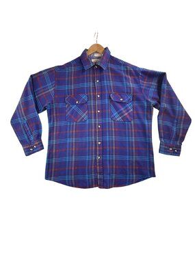 Vintage Saugatuck Shirt Men Large Blue Plaid Long Sleeve Flannel Pockets Western
